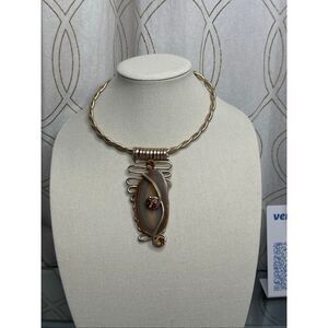 Jeff Lieb Statement Necklace Agate Pendant Gold Tone Collar Boho Chic